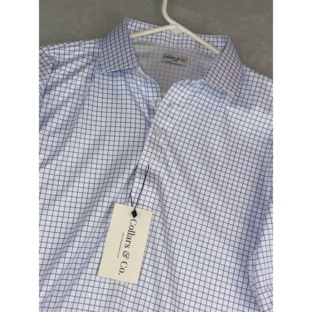 Collars & Co Mens Dress Collar Polo Shirt Large Blue White Windowpane Grid NWT